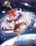  arrow bow bow_(weapon) cloud dress earth feathers flower galaxy gloves hair_ribbon highres kaname_madoka kyubey mahou_shoujo_madoka_magica moyamoya pink_eyes pink_hair ribbon space star_(sky) twintails weapon wings 