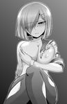  blush breasts greyscale hair_ornament hair_over_one_eye hamakaze_(kantai_collection) highres kanno_takanori kantai_collection large_breasts monochrome pantyhose short_hair solo torn_clothes torn_legwear 