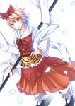 animal_print bishamonten's_spear dress dutch_angle hagoromo hair_ornament hand_on_hip highres layered_dress long_sleeves looking_at_viewer mitsuki_yuu multicolored_hair parted_lips polearm shawl short_hair simple_background solo spear tiger_print toramaru_shou touhou two-tone_hair weapon white_background yellow_eyes 
