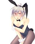  animal_ears babysmile7_(artist) bare_shoulders black_legwear blush bow bowtie breasts bunny_ears bunny_girl bunnysuit cleavage forced_dressing homura_(sekirei) large_breasts open_mouth pantyhose red_eyes sekirei short_hair silver_hair solo tricked wrist_cuffs 