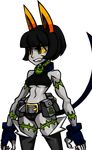  alternate_color animal_ears bare_shoulders belt belt_pouch black_hair breasts buckle buttons cat_ears cat_tail claws clenched_teeth cowboy_shot fang fingerless_gloves gloves green_eyes grey_skin grin homestuck jewelry medium_breasts midriff ms._fortune_(skullgirls) necklace nepeta_leijon pendant pocket pouch short_hair skullgirls smile solo tail tattoo teeth troll_(homestuck) underboob yellow_sclera 