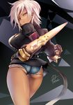  ass bad_id bad_pixiv_id belt blazblue blazblue:_chronophantasma breasts brown_eyes bullet_(blazblue) dark_skin denim denim_shorts fukai_ryousuke gauntlets large_breasts light_smile looking_at_viewer looking_back scar short_hair short_shorts shorts signature silver_hair solo thighs 