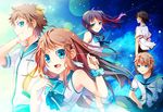  3boys black_hair blue_eyes blue_hair brown_hair dress hiradaira_chisaki isaki_kaname kihara_tsumugu long_hair mukaido_manaka multiple_boys multiple_girls nagi_no_asukara sailor_dress sakishima_hikari school_uniform scrunchie serafuku short_hair side_ponytail yuyu_(yuyudesu0806) 