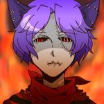  androgynous animal_ears black_eyes cat_ears fire gregory_horror_show purple_hair red_eyes solo stitches 
