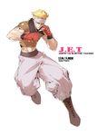 baggy_pants blonde_hair blue_eyes boots boxing_gloves boxing_headgear cross-laced_footwear fighting_stance highres justin_the_electric_thunder lace-up_boots male_focus midriff official_art pants solo tomoyuki_kotani yatagarasu_(game) 