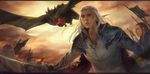  armor blonde_hair circlet dragon elf lord_of_the_rings multiple_boys onisakiyoruka pointy_ears realistic smaug solo_focus sword the_hobbit thranduil weapon 