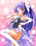  ass blue_hair blush boots cure_fortune happinesscharge_precure! heart highres hikawa_iona long_hair looking_at_viewer magical_girl no_panties ponytail precure purple_eyes smile solo thigh_boots thighhighs white_legwear wide_ponytail yuto_(dialique) 