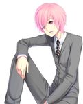  androgynous black_neckwear buttons collared_shirt formal long_sleeves necktie open_mouth peragura pink_eyes pink_hair polka_dot_neckwear shirt short_hair sitting smile solo suit teeth white_shirt 