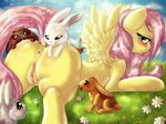  absurd_res ambiguous_gender angel_(mlp) anus blush brown_fur butt dimwitdog easter equine female feral fluttershy_(mlp) friendship_is_magic fur grass group hair hi_res holidays lagomorph long_hair looking_at_viewer lying mammal my_little_pony on_front outside pegasus pink_fur pussy rabbit white_fur wings yellow_fur 
