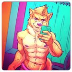  abs anthro biceps brown_fur brown_hair canine cellphone chest_tuft dog flexing front fur grin hair iphone looking_at_viewer male mammal muscles nipples nude pecs phone pink_nose pose purple_nose seaside_(artist) selfie smile solo standing tan_fur toned topless towel tuft 