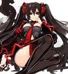  black_hair black_legwear breasts detached_sleeves long_hair medium_breasts pupps red_eyes smile solo thighs twintails very_long_hair vocaloid zatsune_miku 