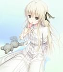  :p black_eyes blue_background dress food kasugano_sora licking long_hair long_sleeves melting peragura popsicle puffy_long_sleeves puffy_sleeves simple_background sitting sleeves_past_elbows solo stuffed_animal stuffed_bunny stuffed_toy tongue tongue_out white_dress white_hair yosuga_no_sora 