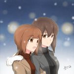  10s 2girls brown_eyes brown_hair couple dated dconan_owo girls_und_panzer holding_arm incest jacket multiple_girls nishizumi_maho nishizumi_miho open_mouth siblings sisters smile snow sweater turtleneck turtleneck_sweater visible_air winter winter_clothes yuri 