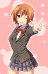  aiura amaya_kanaka brown_eyes brown_hair eyebrows_visible_through_hair highres ki_(kk-sk-ray) one_eye_closed school_uniform short_hair solo 