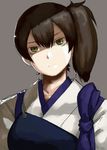  blush brown_hair commentary green_eyes head_tilt japanese_clothes kaga_(kantai_collection) kantai_collection lolicept muneate short_hair side_ponytail solo 
