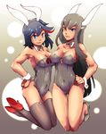  animal_ears black_hair blue_eyes bow bowtie bunny_ears bunny_girl bunnysuit detached_collar frown grey_leotard high_heels kill_la_kill kiryuuin_satsuki kneeling leotard long_hair matoi_ryuuko multiple_girls ni_zhenghe short_hair smile thighhighs wrist_cuffs 