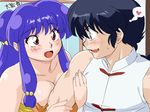  1girl arm_grab black_hair blue_eyes blush braid breast_press breasts chinese_clothes double_bun hair_ornament heart mage_(harumagedon) purple_hair ranma_1/2 saotome_ranma shampoo_(ranma_1/2) shirt sleeveless sleeveless_shirt smile sweatdrop thought_bubble towel translation_request white_shirt 