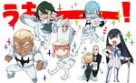  5boys bad_id bad_pixiv_id black_hair blonde_hair blue_eyes blue_hair boots chibi dress formal gamagoori_ira glasses green_hair grey_hair hat highres inumuta_houka iori_shirou jakuzure_nonon junketsu kill_la_kill kiryuuin_satsuki long_hair multiple_boys multiple_girls open_mouth pink_eyes pink_hair running sanageyama_uzu shako_cap short_hair soroi_mitsuzou spikes suit surgical_mask sword uniform weapon yomosaka 