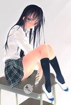  black_hair black_legwear blue_eyes bra cellphone desk f-ism grey_eyes highres kneehighs knees_up legs long_hair long_sleeves murakami_suigun on_desk original phone plaid plaid_skirt playboy school_desk school_uniform see-through shirt shoes sitting sitting_on_desk skirt smartphone socks solo taking_picture underwear uwabaki wet wet_clothes wet_shirt white_bra 