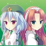  braid cosplay costume_switch green_background hat hong_meiling hong_meiling_(cosplay) izayoi_sakuya izayoi_sakuya_(cosplay) long_hair looking_at_viewer maid_headdress multiple_girls open_mouth puffy_sleeves red_eyes red_hair silver_hair smile star starry_background swami touhou twin_braids upper_body 