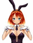  animal_ears bare_shoulders black_neckwear blue_eyes blush breasts bunny_ears bunnysuit cleavage detached_collar earrings gloves jewelry large_breasts looking_at_viewer necktie original red_hair short_hair simple_background solo white_background white_gloves zaxwu 