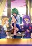  alternate_costume blonde_hair breasts closed_eyes curtains desk frog_hair_ornament ghost gohei green_eyes green_hair hair_ornament hair_ribbon highres jinyuan712 kochiya_sanae large_breasts leg_hug leg_up loafers long_hair long_sleeves moriya_suwako multiple_girls neckerchief on_desk open_mouth open_window panties pantyshot pantyshot_(sitting) pleated_skirt purple_eyes purple_hair ribbon school_desk school_uniform serafuku shirt shoes short_sleeves sitting sitting_on_desk skirt skirt_set smile snake_hair_ornament sunset touhou transparent underwear upskirt v_arms white_panties window yasaka_kanako 