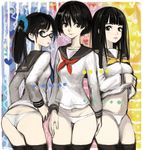  ass black_eyes blush glasses hasesese long_hair looking_at_viewer looking_back multiple_girls navel no_pants original panties school_uniform serafuku short_hair thighhighs underwear white_panties 