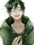  black_hair closed_eyes crying flower fujiori_(ayacoe727) hood hoodie kagerou_project male_focus open_mouth seto_kousuke simple_background smile solo tears upper_body white_background 