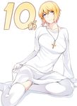  anniversary aqua_eyes arm_support bad_id bad_twitter_id blonde_hair cross cross_necklace dress gloves jewelry light_smile long_sleeves nanao_(mahaya) necklace no_hat no_headwear orsola_aquinas short_hair sitting solo to_aru_majutsu_no_index white white_dress white_gloves white_legwear yokozuwari 