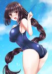  ass black_hair blush braid breasts brown_eyes itsumoto_hiroharu large_breasts long_hair one-piece_swimsuit open_mouth original single_braid solo swimsuit very_long_hair 