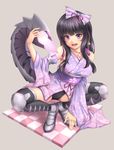  :d black_hair bow breasts full_body grey_background hair_bow japanese_clothes kimono long_hair looking_at_viewer mechanical_tail medium_breasts op open_mouth original purple_eyes sasaame simple_background smile solo squatting tail wide_sleeves 