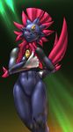  anthro black_nose breasts covering_breasts female hand_behind_back looking_at_viewer mykiio nintendo nude pok&#233;mon pok&#233;morph pok&eacute;mon pok&eacute;morph red_eyes solo standing teeth video_games weavile 