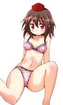  blush bow bow_bra bra hat lace lace-trimmed_bra lace-trimmed_panties looking_at_viewer navel nibi panties pink_bra pink_panties pointy_ears polka_dot polka_dot_bra polka_dot_panties red_eyes shameimaru_aya short_hair simple_background solo tokin_hat touhou underwear underwear_only white_background 