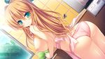  :3 amatarasu_riddle_star apron ass blush breasts brown_hair cabbage clenched_hand dutch_angle game_cg green_eyes hatta_madori holding kitchen lace lace-trimmed_panties ladle large_breasts long_hair looking_at_viewer looking_back nearly_naked_apron nipples panties pink_panties smile solo syroh tsurime underwear window 
