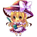  apron black_dress blonde_hair blush bow braid chibi chocolat_(momoiro_piano) dress hat hat_bow kirisame_marisa notebook open_mouth pencil puffy_sleeves shirt short_sleeves simple_background single_braid sketchbook smile solo touhou waist_apron white_background witch_hat yellow_eyes 