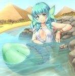  aqua_hair blush bracelet breasts drill_hair full_body green_eyes head_fins jewelry long_hair looking_at_viewer medium_breasts mermaid monster_girl original partially_submerged pyramid sasaame smile solo twin_drills twintails water 