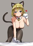  all_fours animal_ears bare_shoulders bell black_legwear blonde_hair blue_eyes blush breasts cat_ears cat_tail cleavage detached_collar gloves heart jingle_bell large_breasts original pantyhose paw_pose short_hair smile solo tail white_gloves zaxwu 