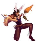  absurdres alternate_costume animal_ears artist_name belt black_hair breasts bunny_ears bunny_paws bunnysuit carrot cleavage draven earrings facial_hair foreshortening gloves grin high_heels highres jewelry league_of_legends long_hair male_focus one_knee outstretched_hand pantyhose single_glove smile solo tattoo tiara weapon white_gloves wrist_cuffs 