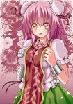  bandages blush breast_squeeze breasts bun_cover chinese_clothes cuffs double_bun flower ibaraki_kasen large_breasts moura_(kenyuugetu) open_mouth pink_eyes pink_hair rose short_hair solo tabard touhou 