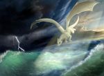  2018 claws day detailed_background dragon feral flying fur furred_dragon kodardragon lightning membranous_wings outside sky solo water white_fur wings 
