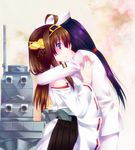  bad_id bad_pixiv_id bare_shoulders black_hair blush breasts brown_hair cannon detached_sleeves door_to_heaven double_bun female_admiral_(kantai_collection) hair_ornament hairband hat headgear hug japanese_clothes kantai_collection kongou_(kantai_collection) long_hair medium_breasts military military_uniform multiple_girls naval_uniform nontraditional_miko open_mouth ribbon-trimmed_sleeves ribbon_trim skirt smile turret uniform 
