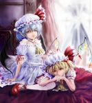  arm_ribbon ascot bare_shoulders bat_wings blonde_hair blue_hair brooch choker curtains expressionless eyelashes flandre_scarlet garter_straps hand_on_another's_head hat hat_ribbon head_rest jewelry legs_up lips looking_at_viewer lying_on_person mob_cap multiple_girls on_bed pointy_ears puffy_short_sleeves puffy_sleeves red_eyes remilia_scarlet ribbon ribbon_choker short_hair short_sleeves siblings sisters sitting skirt skirt_set slit_pupils thighhighs touhou txoxsxhxi wariza window wings 