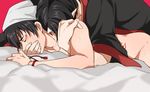  adam's_apple anal bad_id bad_pixiv_id bandana beads black_hair blanket blush body_blush closed_eyes covering_mouth eyeshadow face_down gr hakutaku_(hoozuki_no_reitetsu) hoozuki_(hoozuki_no_reitetsu) hoozuki_no_reitetsu horn implied_sex japanese_clothes long_sleeves lying lying_on_person makeup male_focus multiple_boys nude on_stomach oni pointy_ears prone_bone red_background sex sweat tassel wide_sleeves yaoi 
