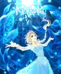  artist_name blonde_hair blue_eyes braid dated dress elsa_(frozen) frozen_(disney) kagalin long_hair signature single_braid snowflakes solo 