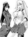  2girls alternate_hairstyle atago_(kantai_collection) beret breast_envy breasts cleavage gloves hat kantai_collection long_hair looking_at_viewer military military_uniform monochrome multiple_girls necktie ninomiya_hitomi ponytail skirt smile takao_(kantai_collection) uniform yahagi_(kantai_collection)_(cosplay) 