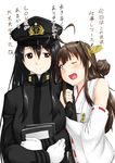 ;d ahoge arm_hug bare_shoulders black_hair brown_eyes brown_hair detached_sleeves double_bun female_admiral_(kantai_collection) hairband hat headgear heart heart_ahoge heart_in_mouth highres japanese_clothes kantai_collection kongou_(kantai_collection) locked_arms long_hair looking_at_another multiple_girls niwatazumi nontraditional_miko one_eye_closed open_mouth peaked_cap ribbon-trimmed_sleeves ribbon_trim smile tatebayashi_sakurako translated yuri 