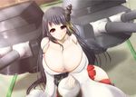  bare_shoulders black_hair breasts cannon cleavage fusou_(kantai_collection) gigantic_breasts kantai_collection kurokaze_no_sora long_hair looking_at_viewer red_eyes smile solo 