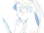  bangs bishoujo_senshi_sailor_moon commentary_request earrings face facial_mark finger_to_mouth forehead_mark from_side jewelry mirror monochrome parted_bangs portrait princess_serenity profile solo stud_earrings tsukino_usagi yukinoya 