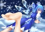  :p barefoot blue_eyes blue_hair bow cirno doregusu dress feet foreshortening from_behind hair_bow ice ice_wings looking_at_viewer looking_back lying on_stomach pov_feet short_hair smile snowflakes soles solo toes tongue tongue_out touhou wings 