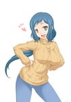  bad_id bad_pixiv_id blue_hair commentary_request denim gundam gundam_build_fighters hands_on_hips heart iori_rinko jeans long_hair looking_at_viewer onizuka_takuto open_mouth pants ponytail ribbed_sweater simple_background smile solo sweater turtleneck white_background 
